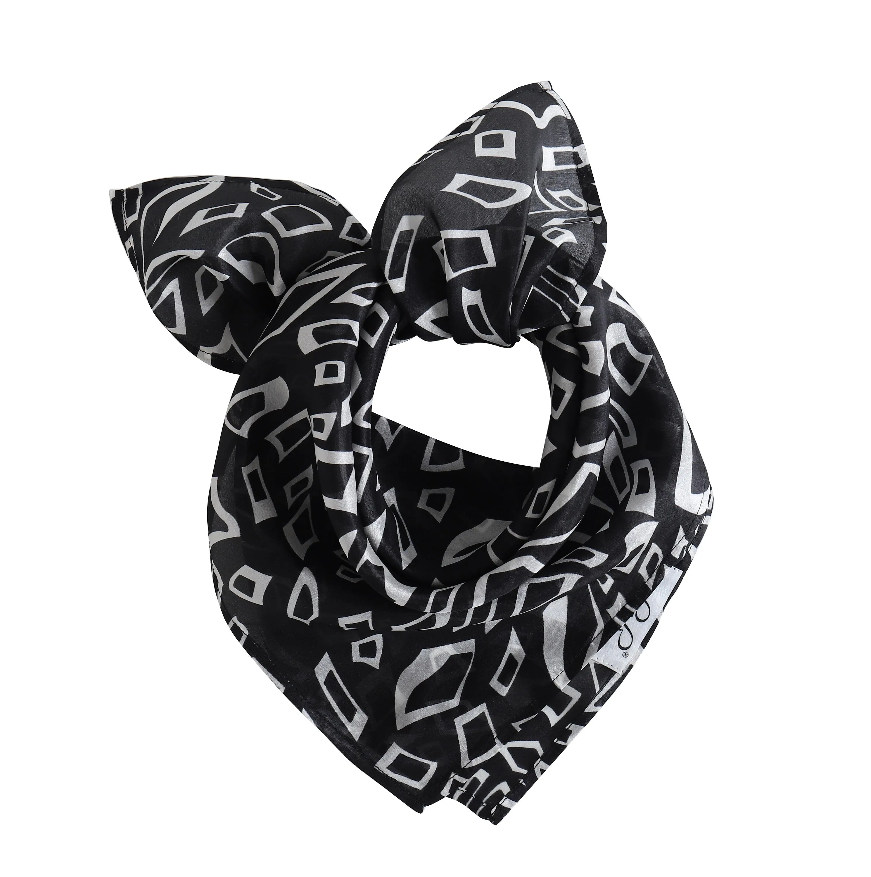 Black and White Silk Neckerchief, Geometric Print Silk Scarf