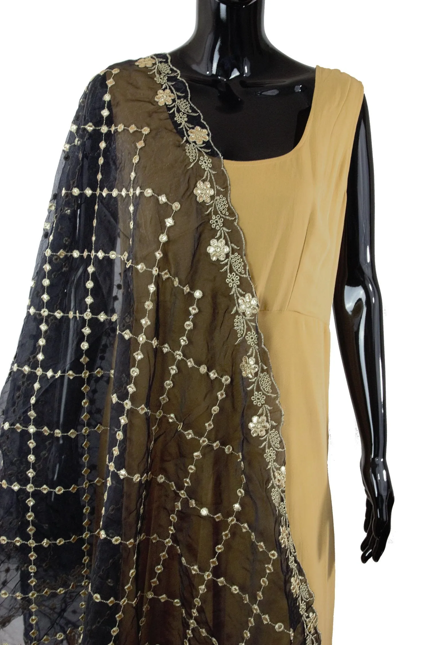 Black Color Dupatta With Gold Color Floral Border