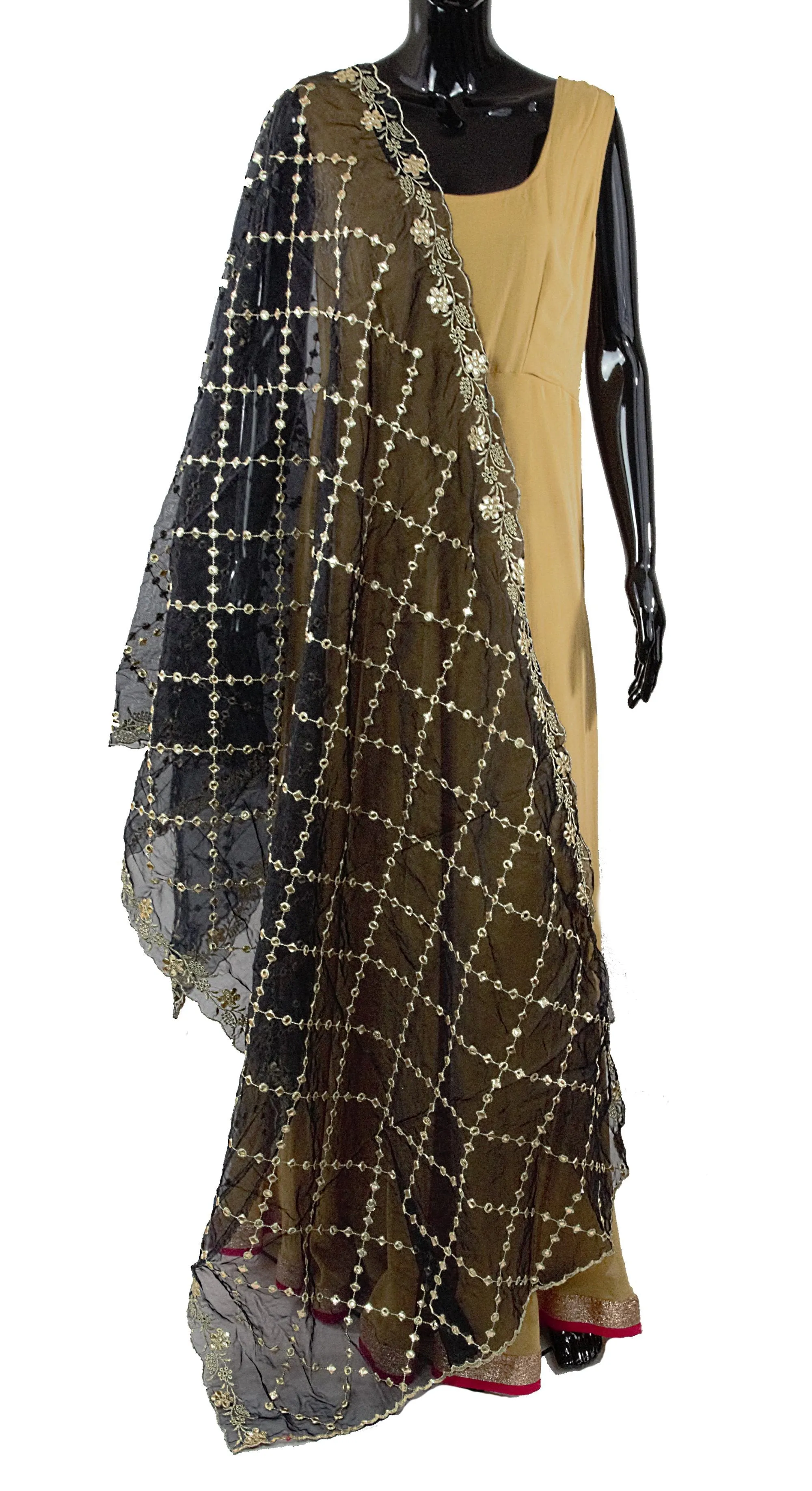 Black Color Dupatta With Gold Color Floral Border