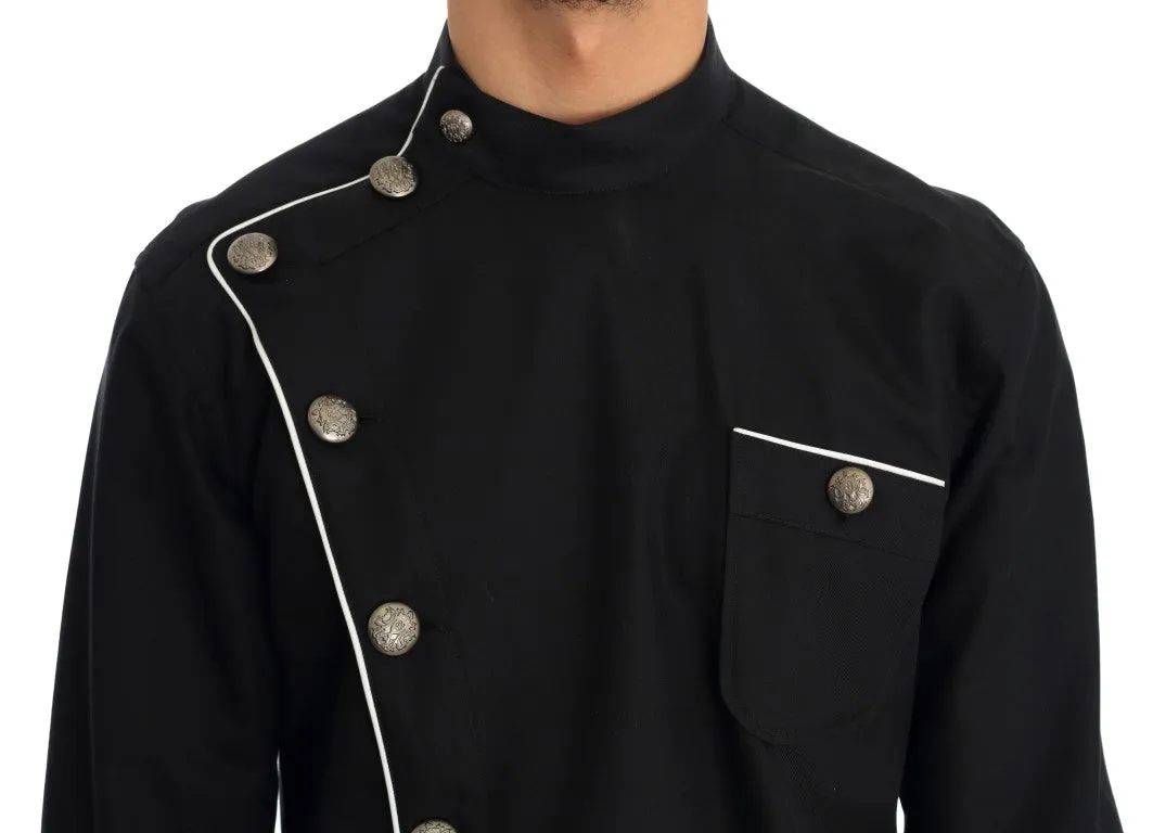 Black Cotton Casual Silver Buttons Shirt