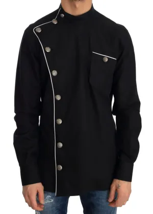 Black Cotton Casual Silver Buttons Shirt