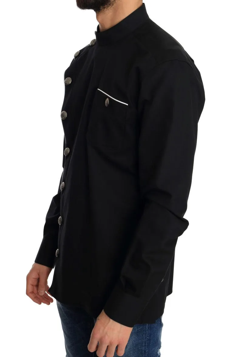 Black Cotton Casual Silver Buttons Shirt
