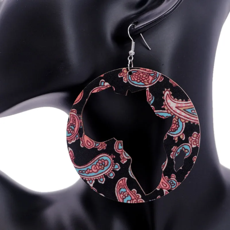 Black Wooden Cutout Africa Shape Paisley Earrings