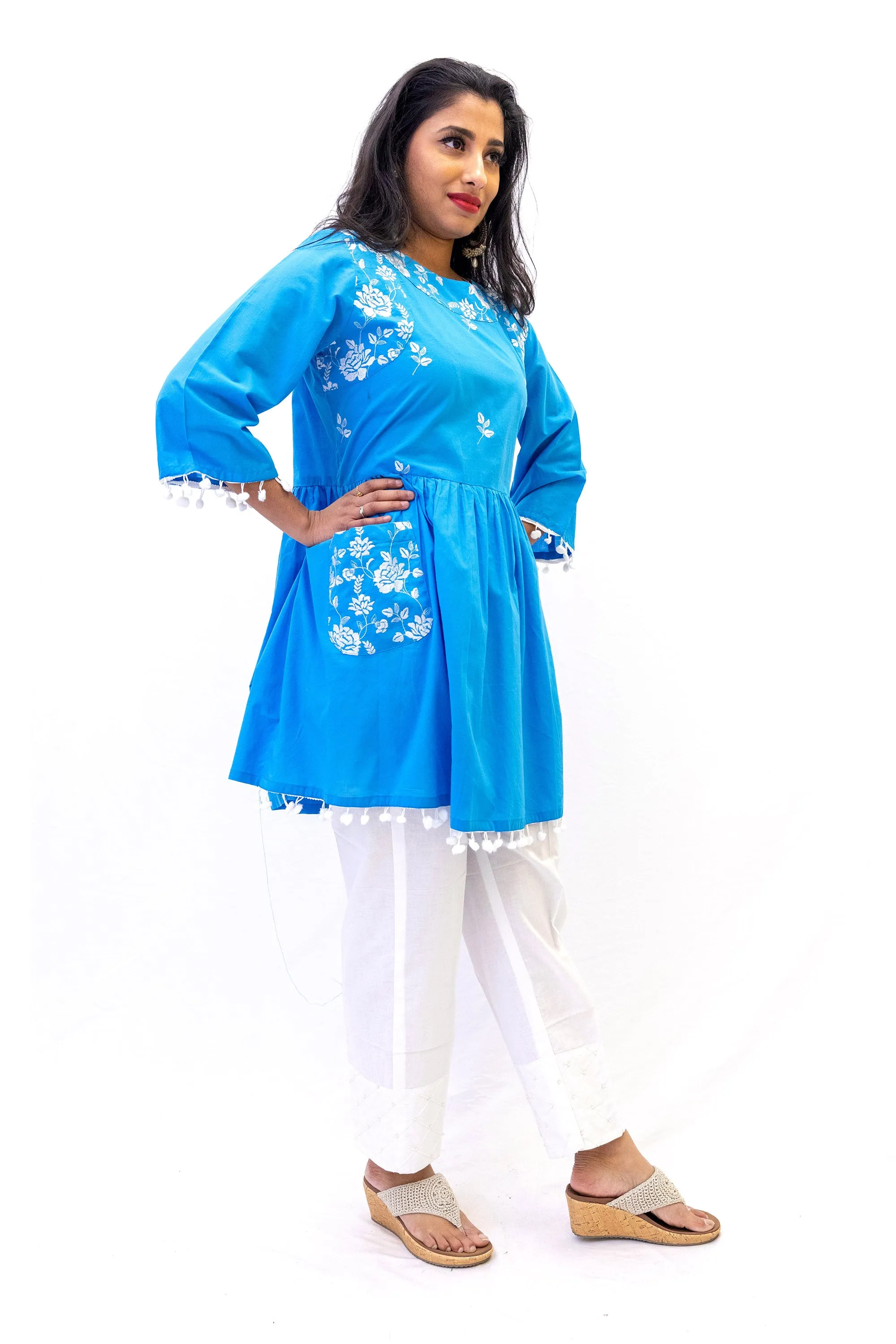 Blue Cotton Embroidered Shirt