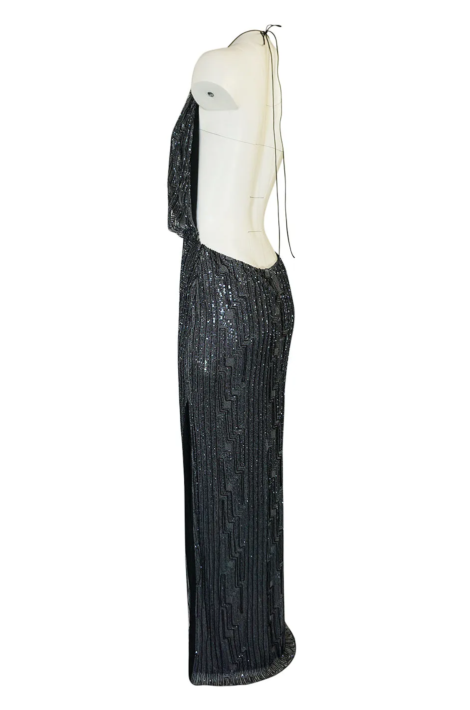 c.1998 Richard Tyler Couture Backless Silver Beaded Dress