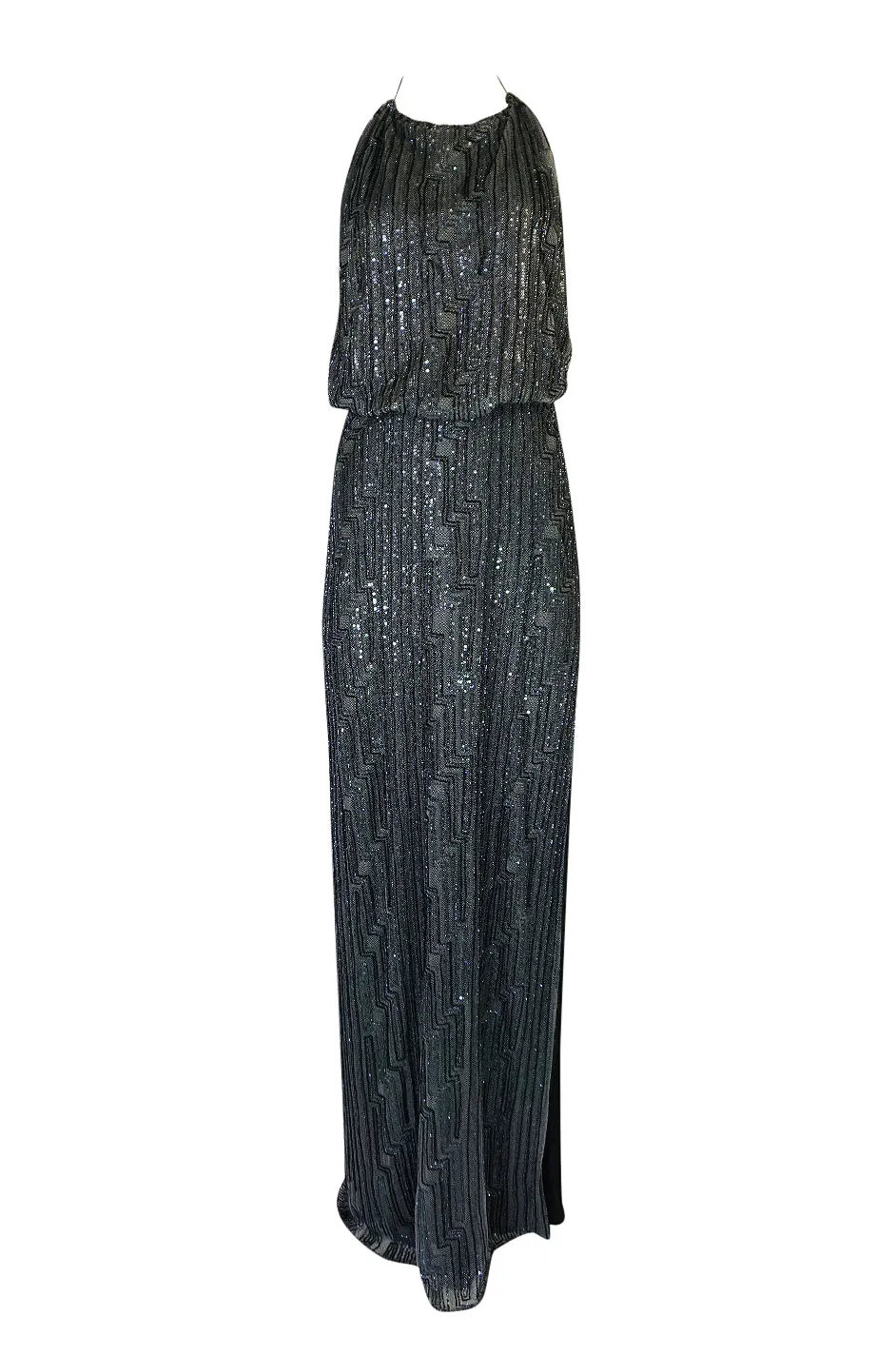 c.1998 Richard Tyler Couture Backless Silver Beaded Dress