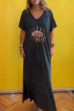 Casual Eyes Print V Neck Short Sleeve Short Sleeve Dress