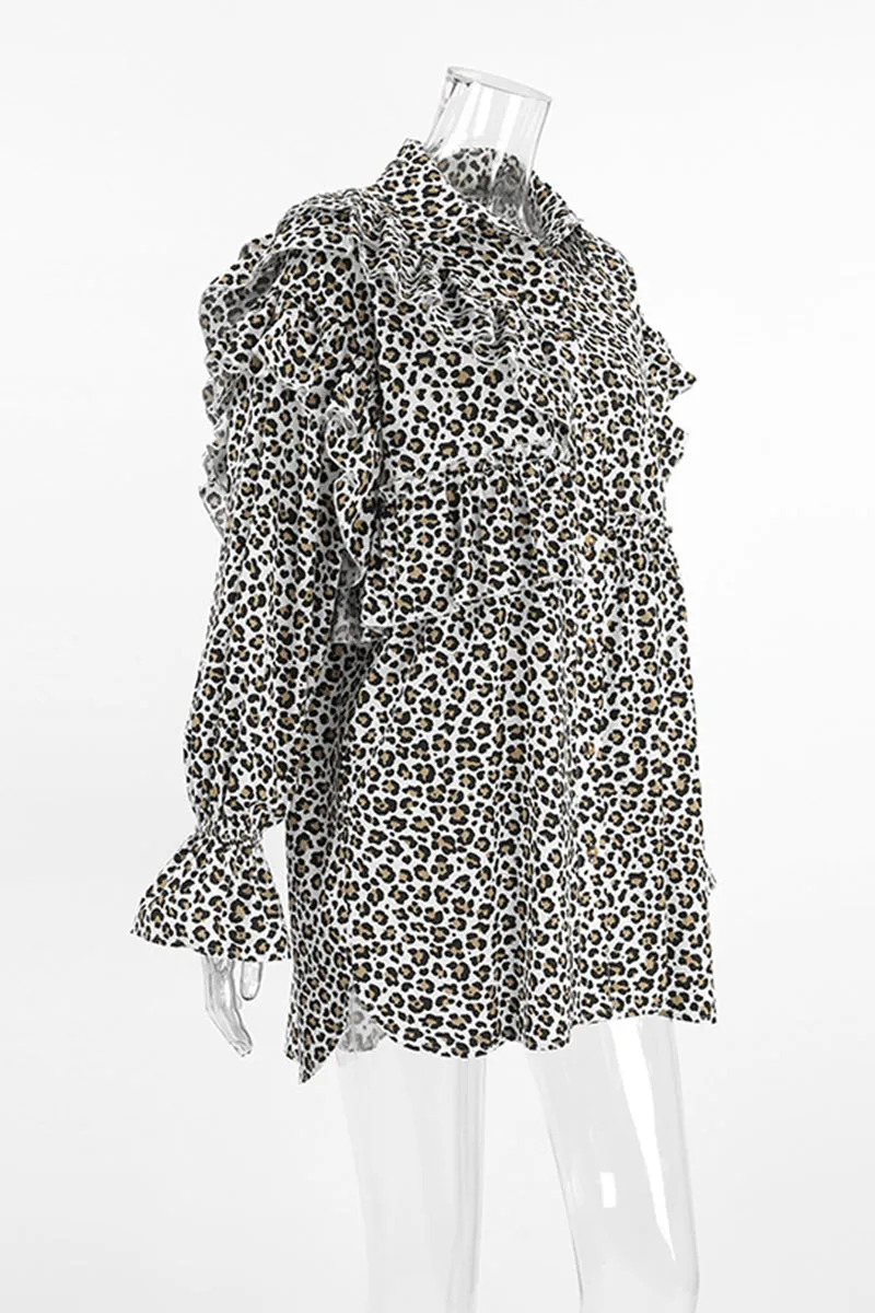 Casual Leopard Print Ruffle Turndown Collar Shirt Dresses