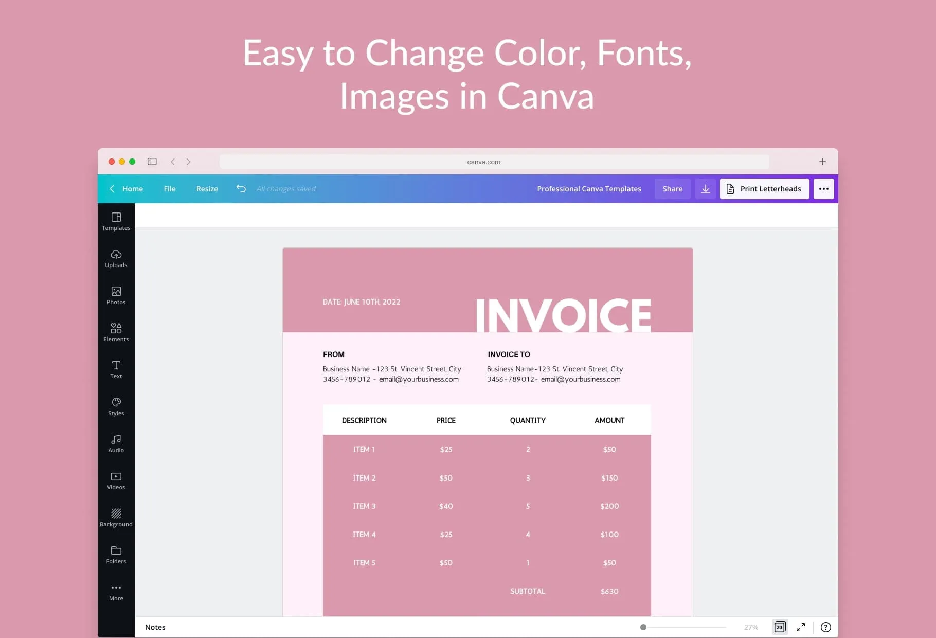 Charm Pink Invoice Canva Template Printable and Editable
