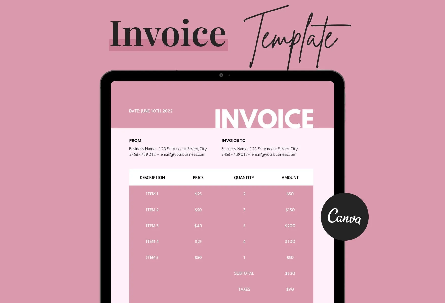 Charm Pink Invoice Canva Template Printable and Editable