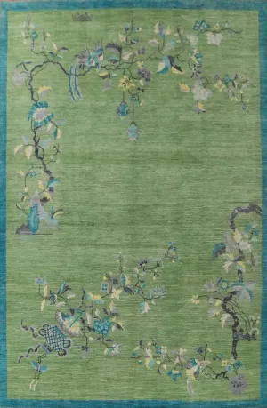 Chinoiserie Peacock in Green Field Wool Hand Knotted Area Rug