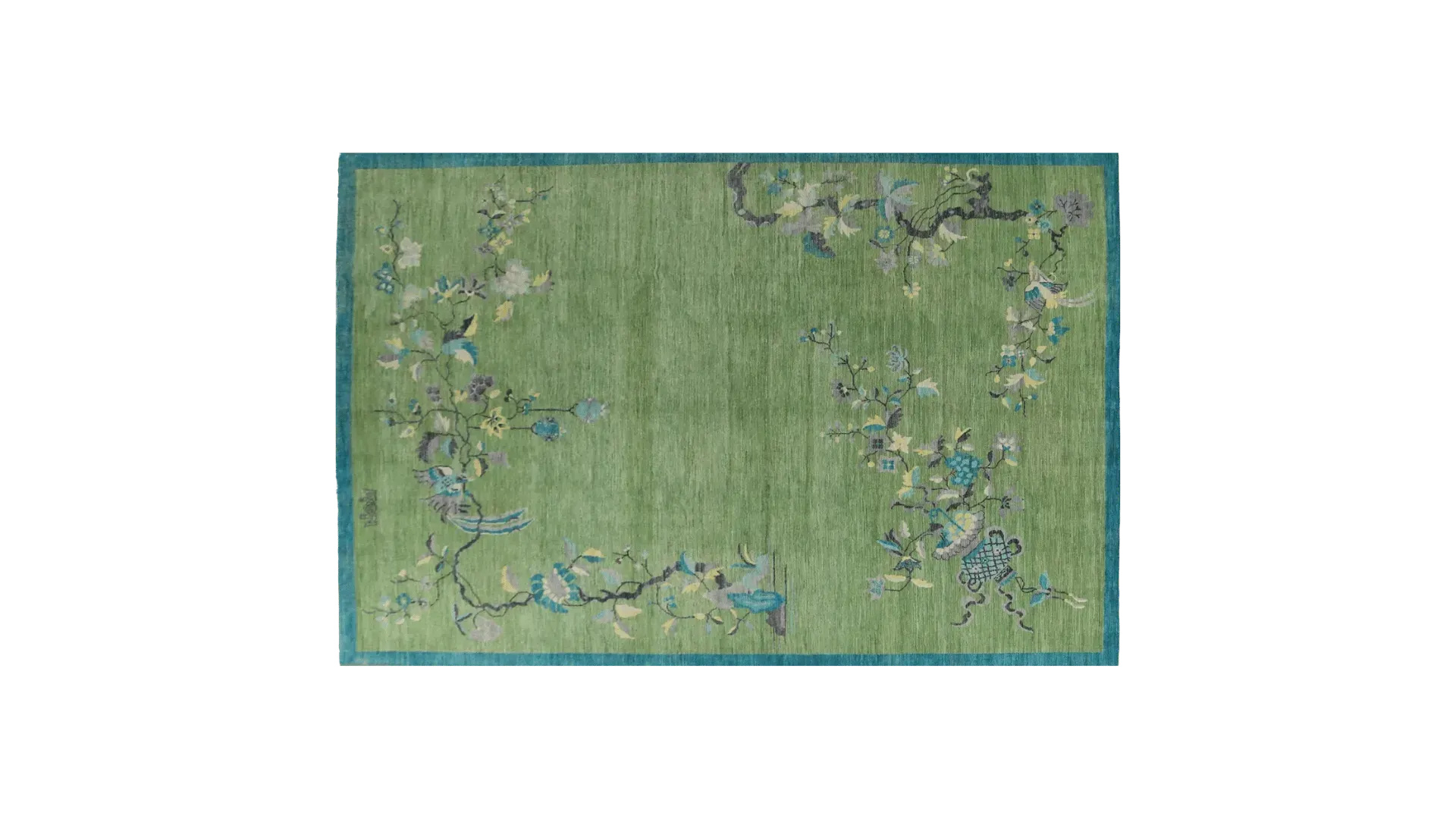 Chinoiserie Peacock in Green Field Wool Hand Knotted Area Rug