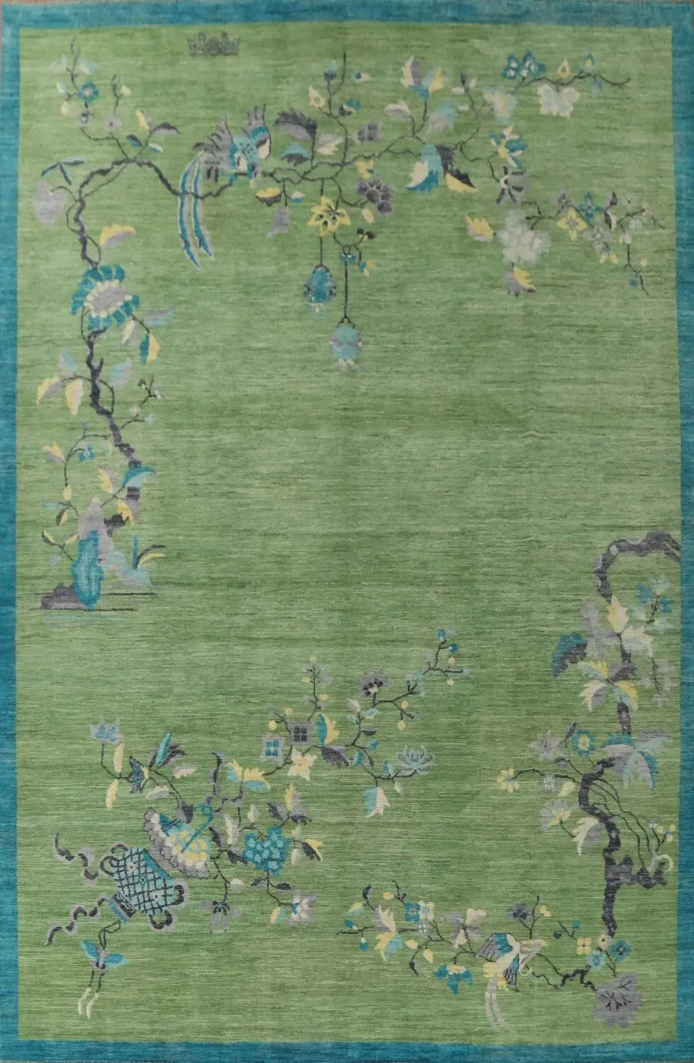 Chinoiserie Peacock in Green Field Wool Hand Knotted Area Rug