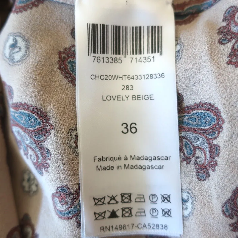 Chloe Blouse Beige Paisley Print Silk Crepe Size 36 Flutter Sleeve Top