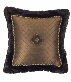 Chocolate Brown Embroidered Silk And Faux Mink Flanged Square Accent Pillow 18x18