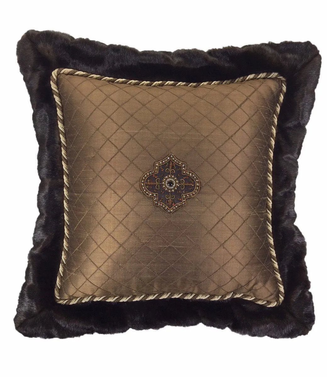 Chocolate Brown Embroidered Silk And Faux Mink Flanged Square Accent Pillow 18x18