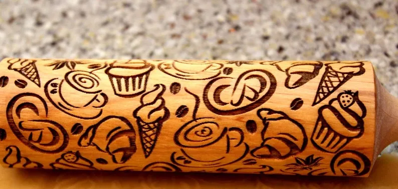 Coffee Tea Time Embossing Pattern rolling pin, Clay Stamp, Gift