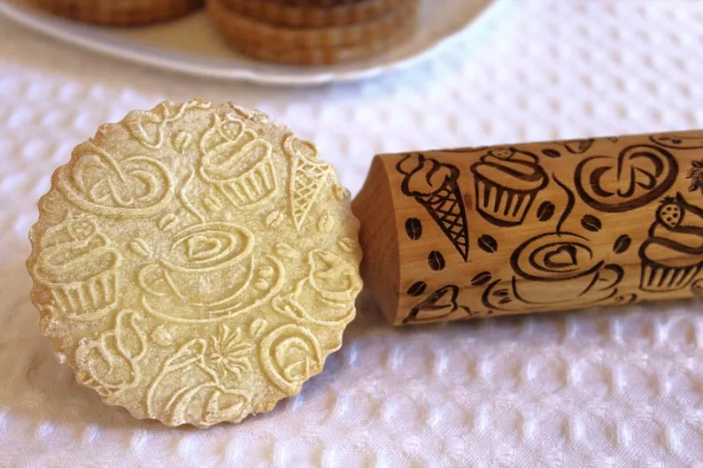 Coffee Tea Time Embossing Pattern rolling pin, Clay Stamp, Gift