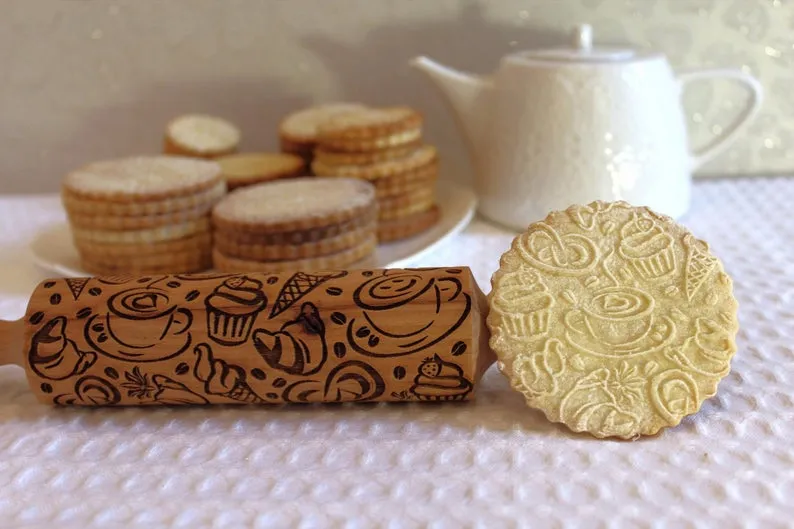 Coffee Tea Time Embossing Pattern rolling pin, Clay Stamp, Gift