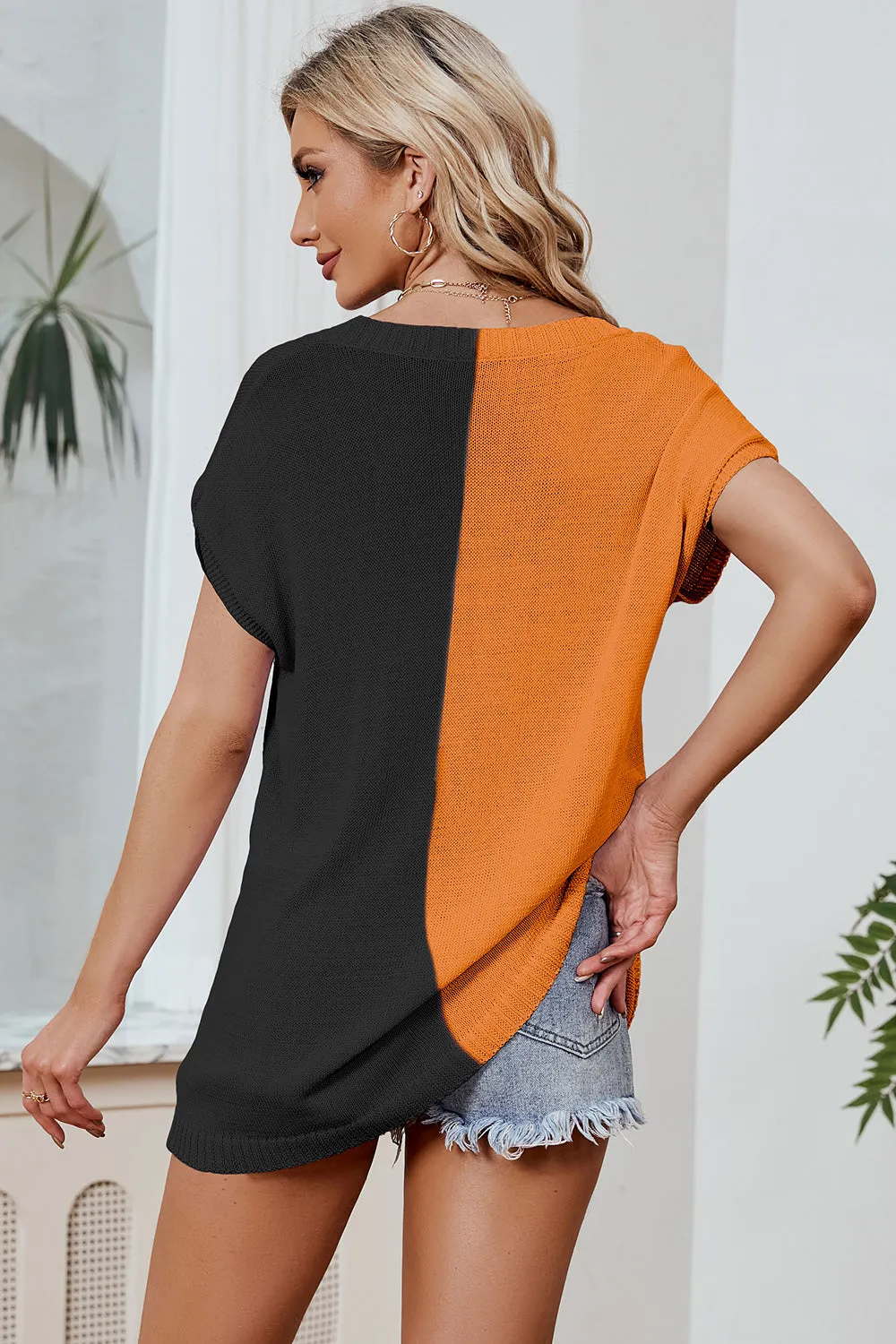 Color Block V-Neck Short Sleeve Knit Top (8 Colors)