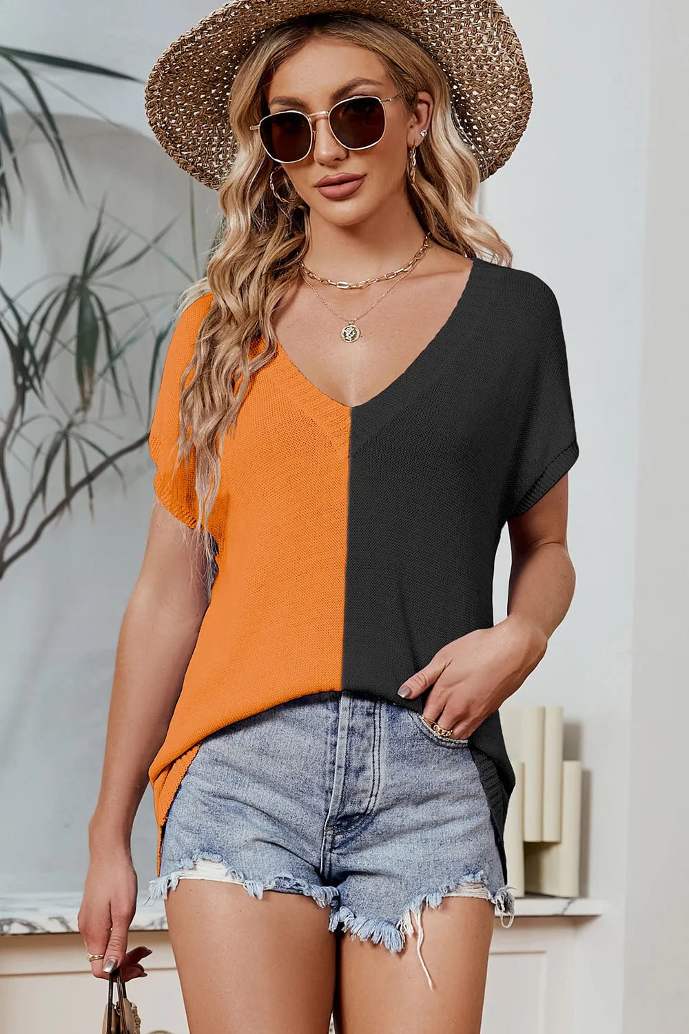 Color Block V-Neck Short Sleeve Knit Top (8 Colors)