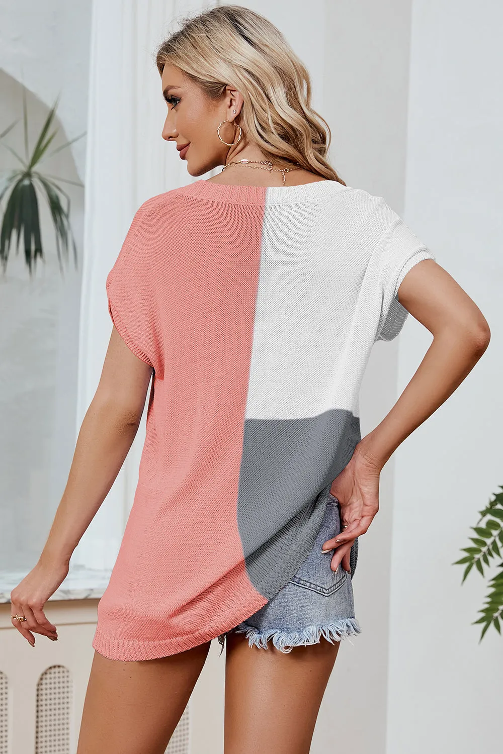 Color Block V-Neck Short Sleeve Knit Top (8 Colors)