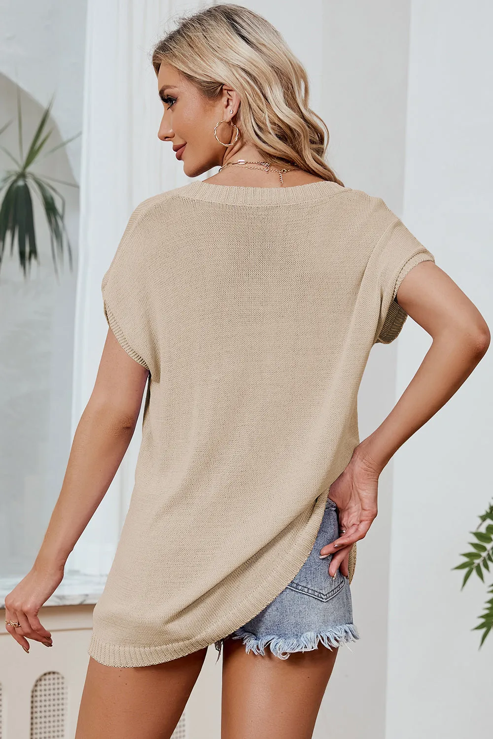 Color Block V-Neck Short Sleeve Knit Top (8 Colors)