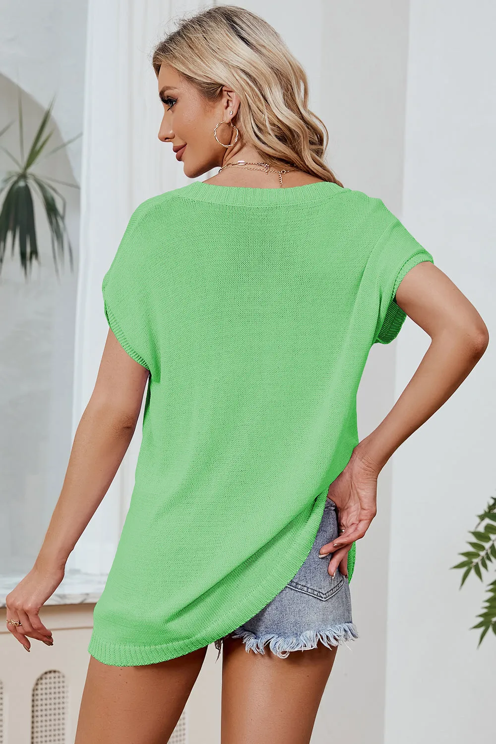 Color Block V-Neck Short Sleeve Knit Top (8 Colors)