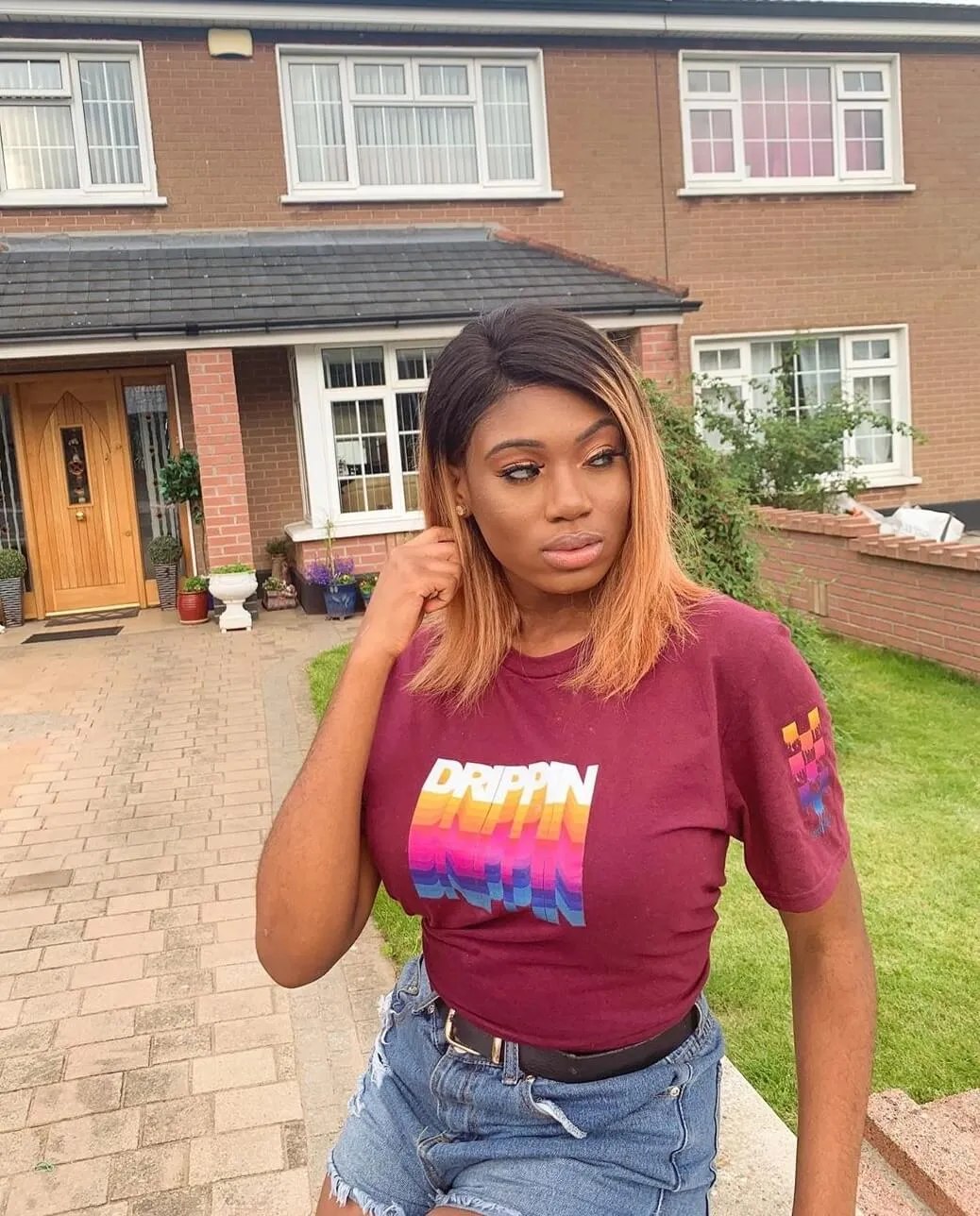 Color Stack Drippin | Maroon Tee (Color Stack Checkered Drippin Sleeves)