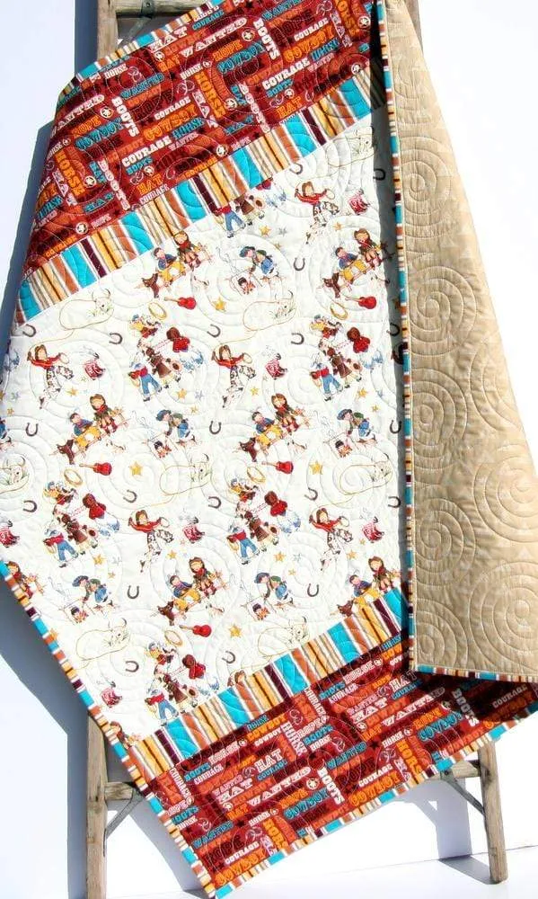 Cowboy Western Quilt Retro Vintage Looking Gender Neutral Blanket Horseshoe Roping Boy or Girl