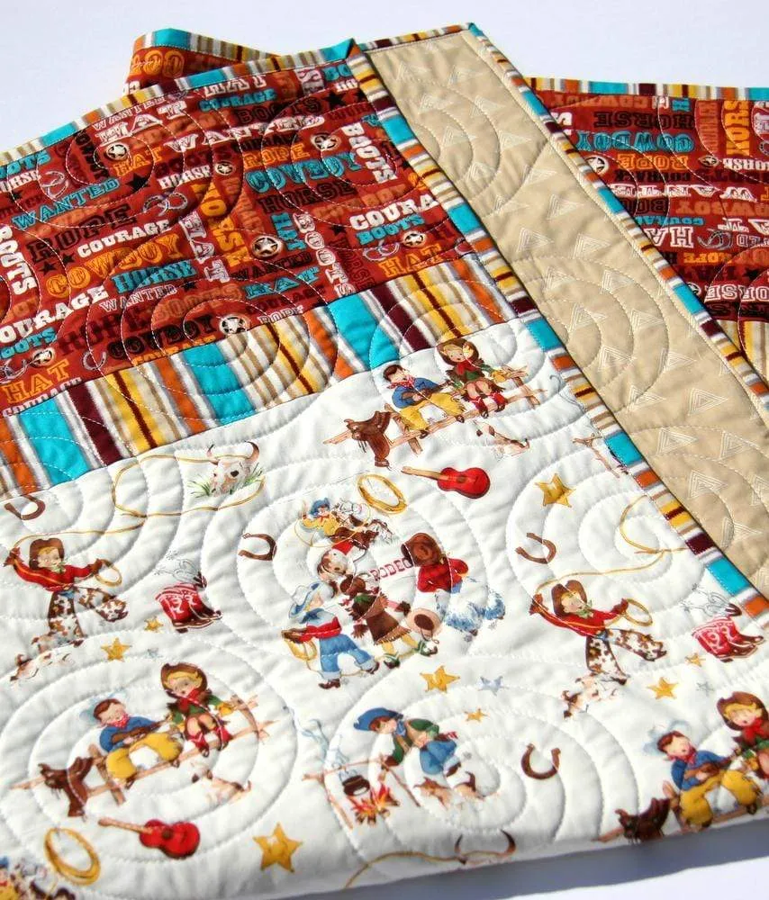 Cowboy Western Quilt Retro Vintage Looking Gender Neutral Blanket Horseshoe Roping Boy or Girl