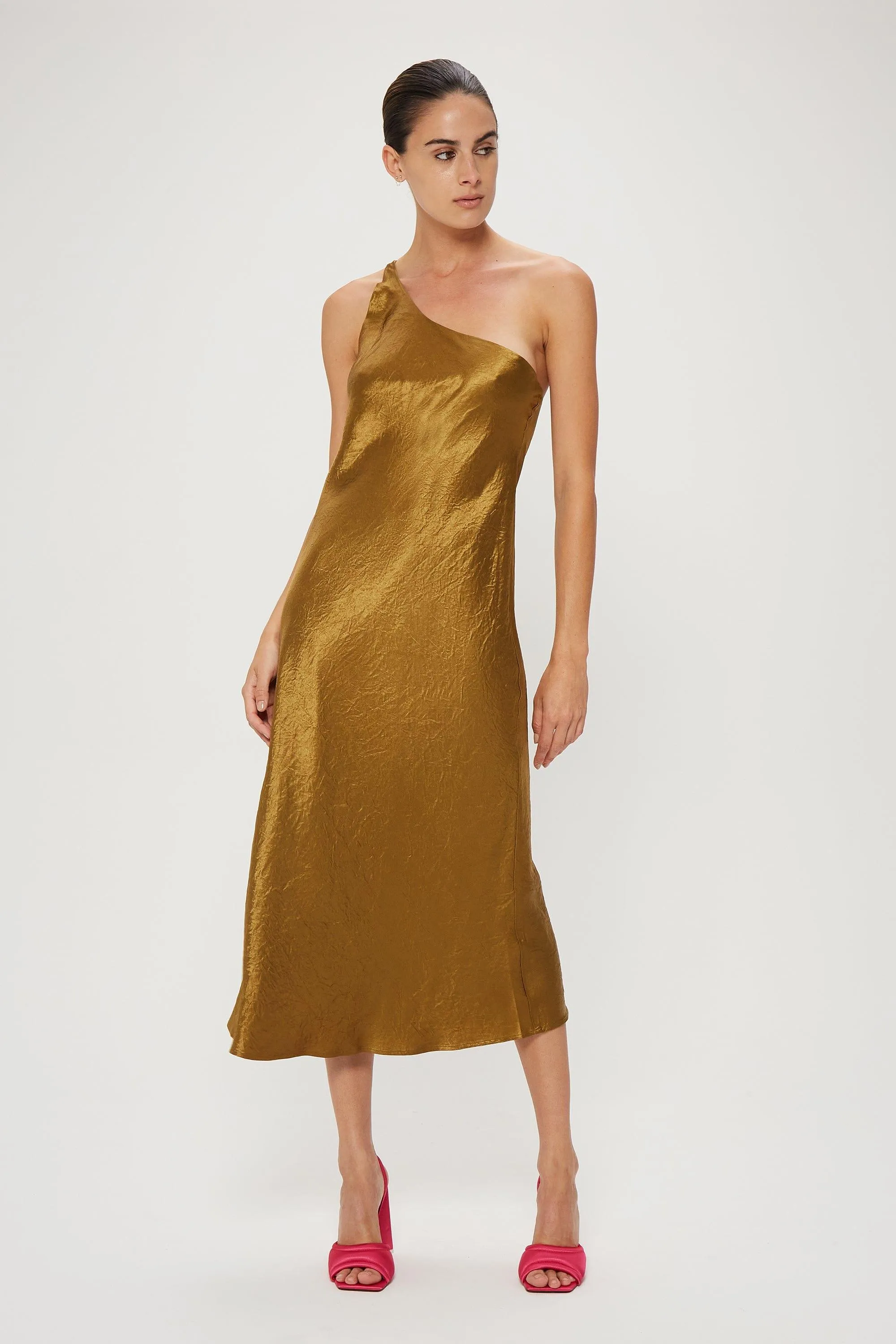 CRUSH BIAS ONE SHOULDER MIDI | BRONZE