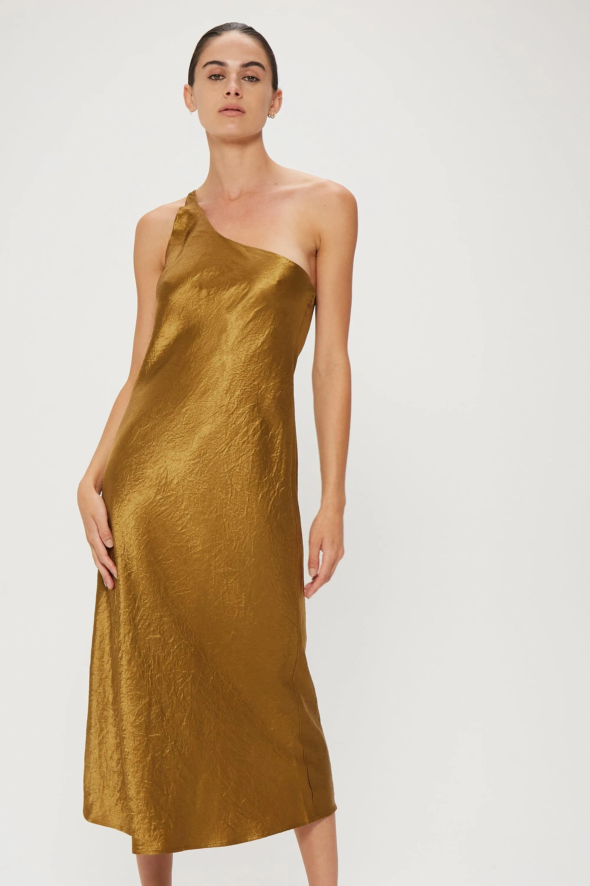 CRUSH BIAS ONE SHOULDER MIDI | BRONZE