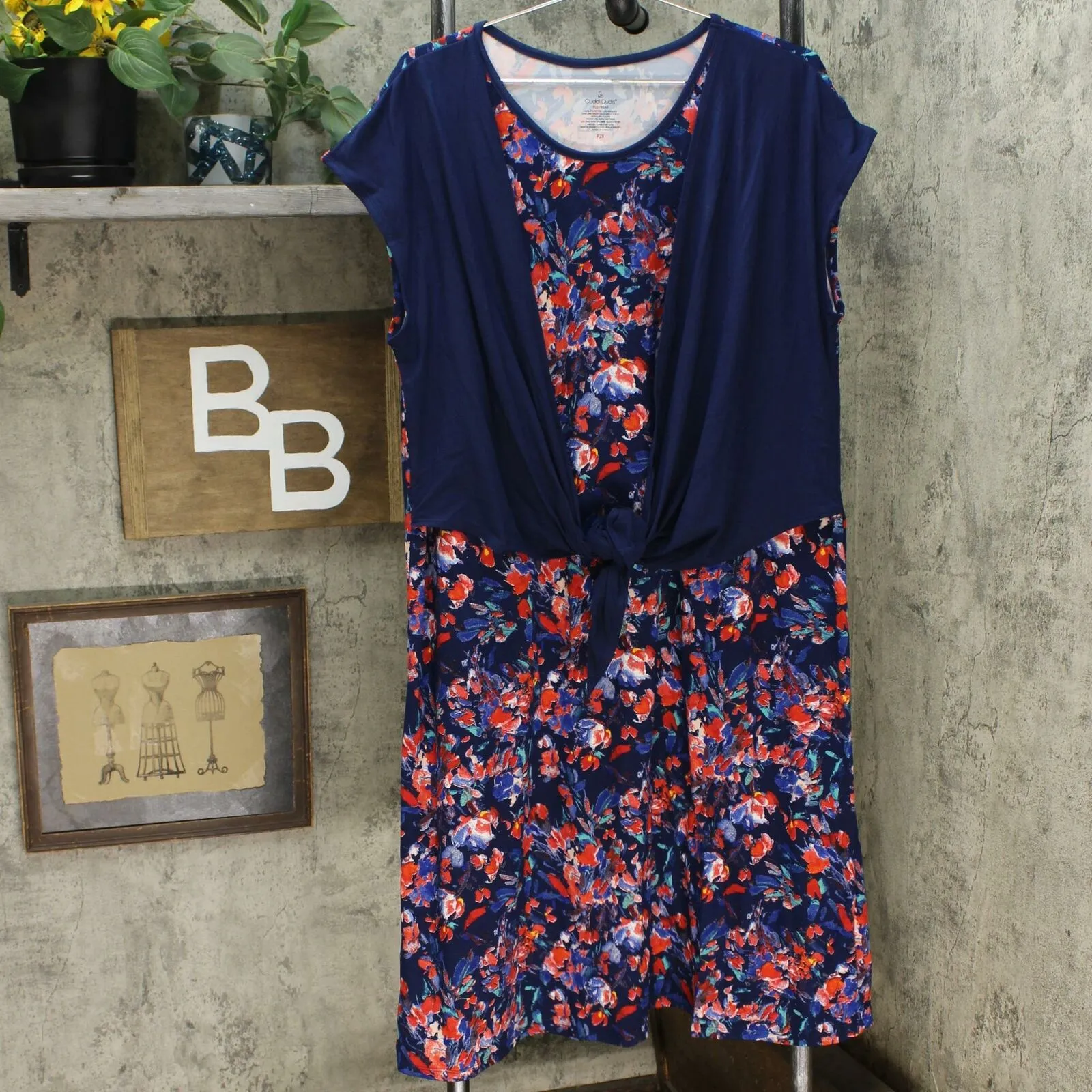 Cuddl Duds Flexwear Tie Front Midi Dress Navy / Floral Petite Plus 2X