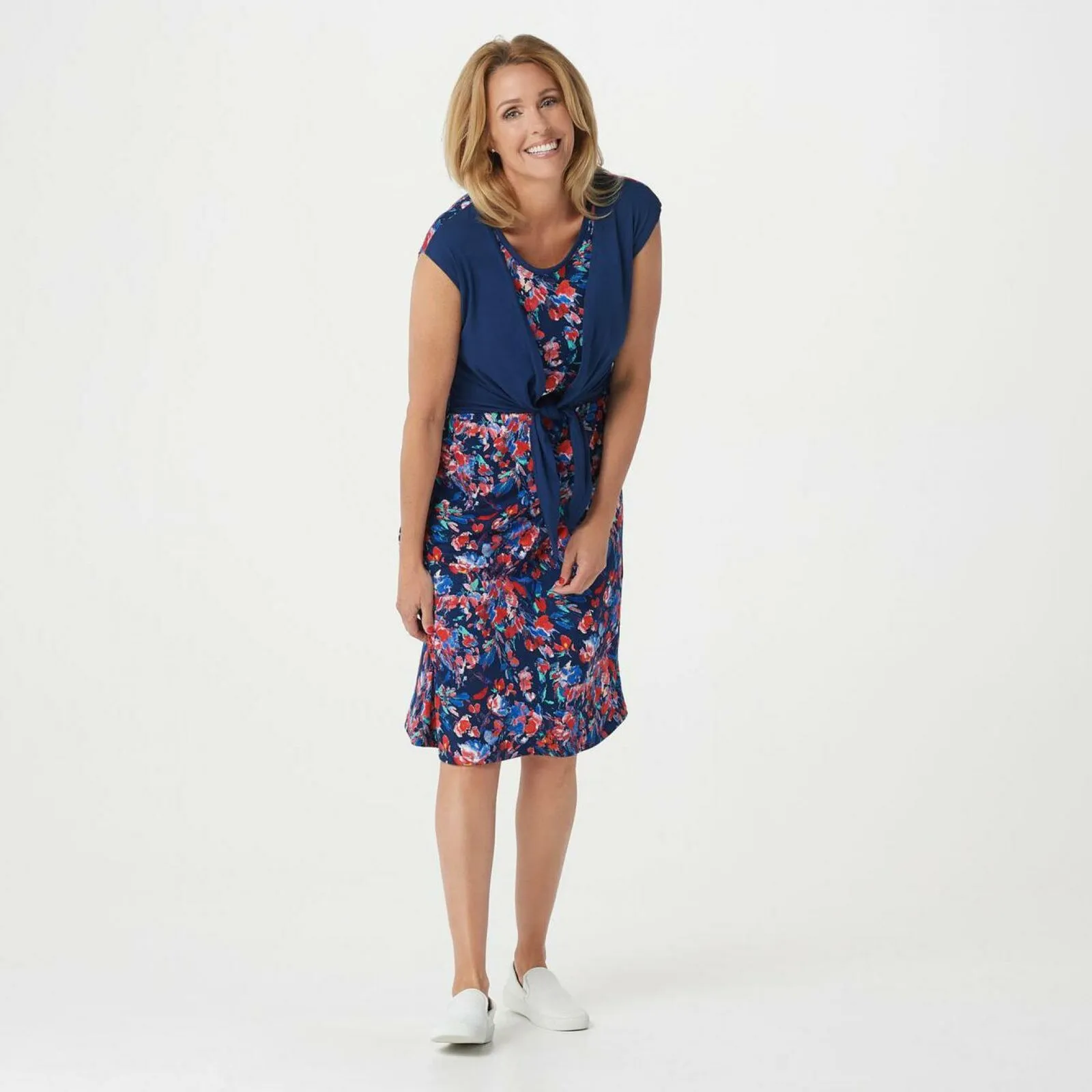Cuddl Duds Flexwear Tie Front Midi Dress Navy / Floral Petite Plus 2X