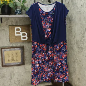 Cuddl Duds Flexwear Tie Front Midi Dress Navy / Floral Petite Plus 2X
