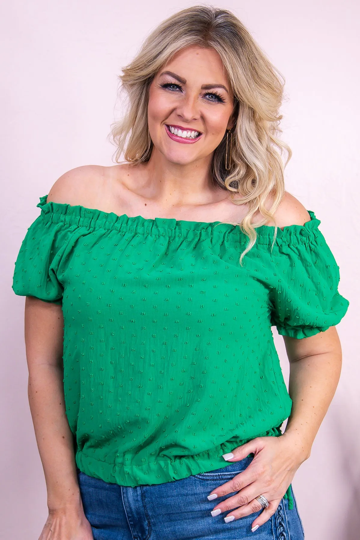 Dance With The Sun Kelly Green Solid Polka Dot Top - T9685KGN
