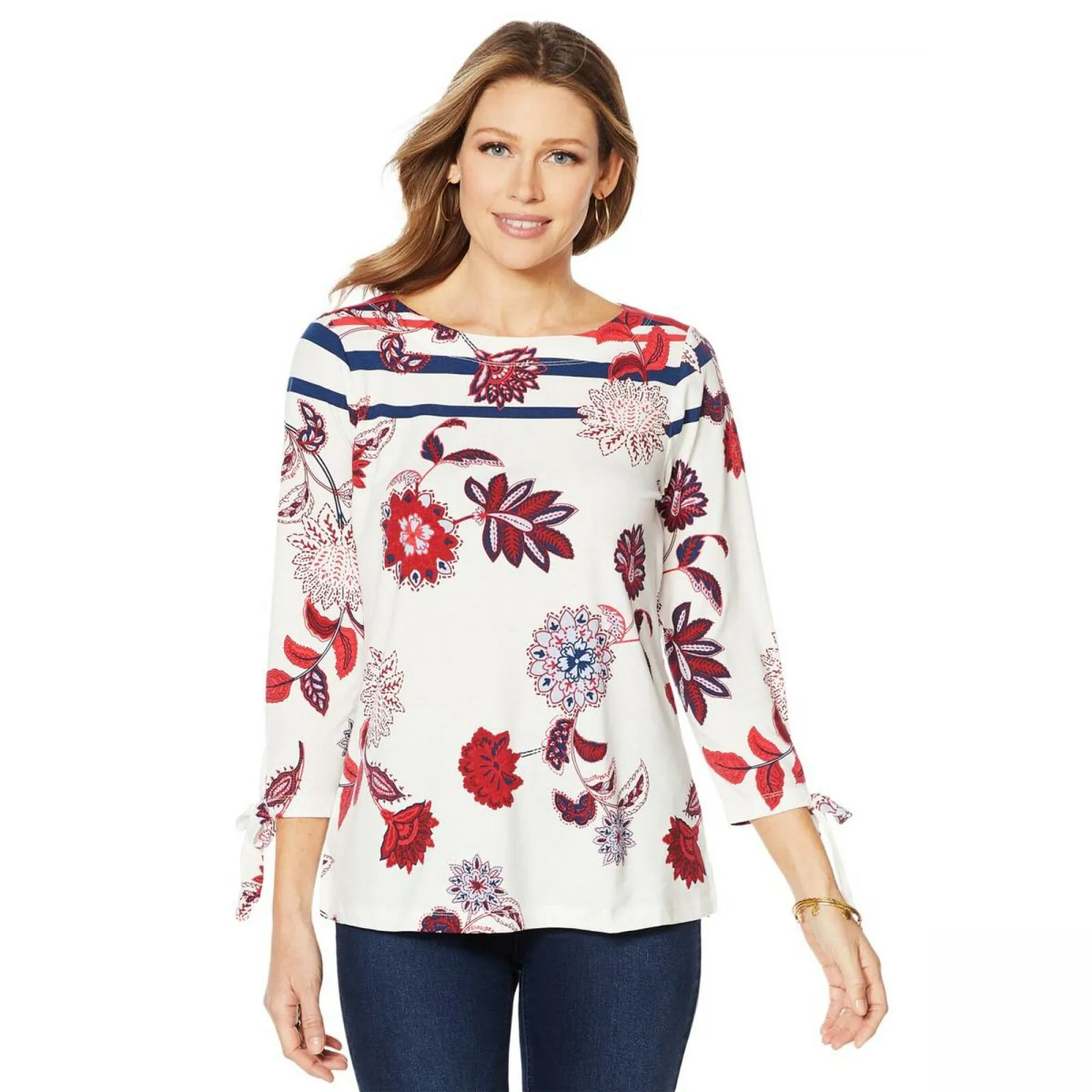 DG2 by Diane Gilman Women's 3/4 Tie Sleeve Floral Striped T-Shirt White Plus 1X