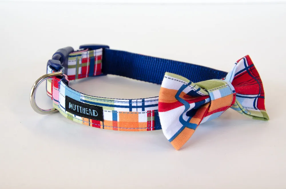 Dog collar and bow tie set: Captain, a cheerful madras plaid