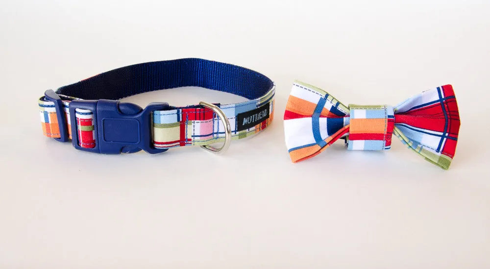 Dog collar and bow tie set: Captain, a cheerful madras plaid