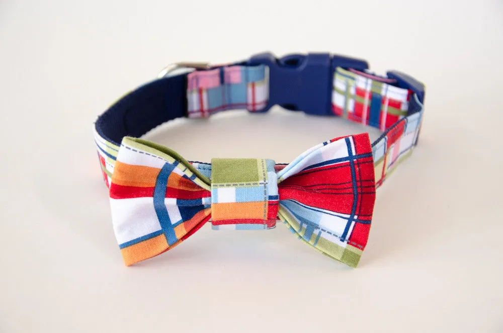Dog collar and bow tie set: Captain, a cheerful madras plaid