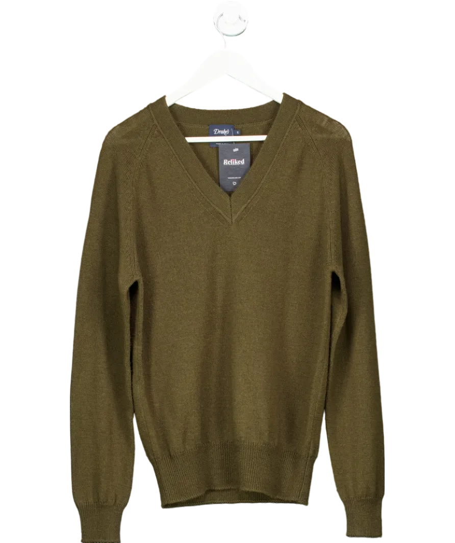 Drake's Green Merino Wool V Neck Sweater UK M