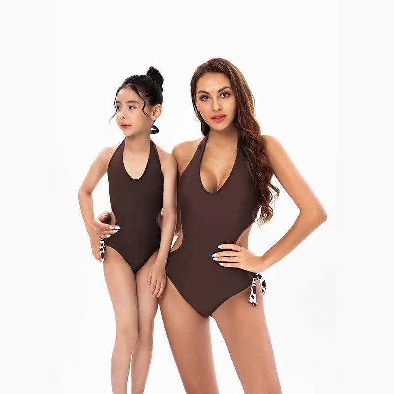 Elegant Chocolate Brown Monokini for Mother & Daughter Duo - Sleek Halter Neckline with Playful Polka Dot Tie Sides
