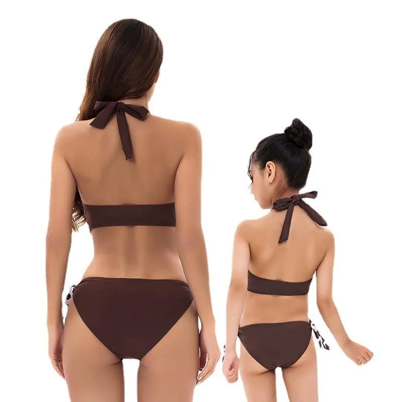 Elegant Chocolate Brown Monokini for Mother & Daughter Duo - Sleek Halter Neckline with Playful Polka Dot Tie Sides