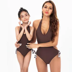 Elegant Chocolate Brown Monokini for Mother & Daughter Duo - Sleek Halter Neckline with Playful Polka Dot Tie Sides