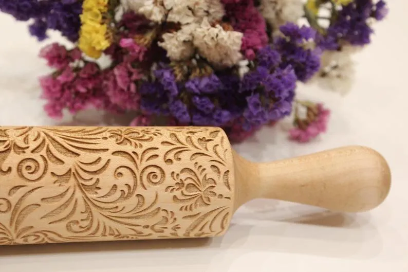 Embossed Rolling Pin FLOWERS Pattern Engraved, Clay Stamp, Pottery Roller, Christmas Gift