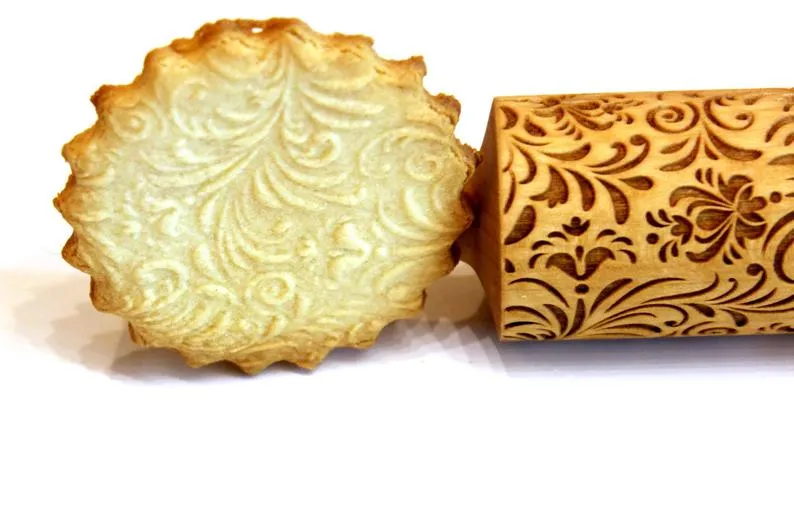 Embossed Rolling Pin FLOWERS Pattern Engraved, Clay Stamp, Pottery Roller, Christmas Gift