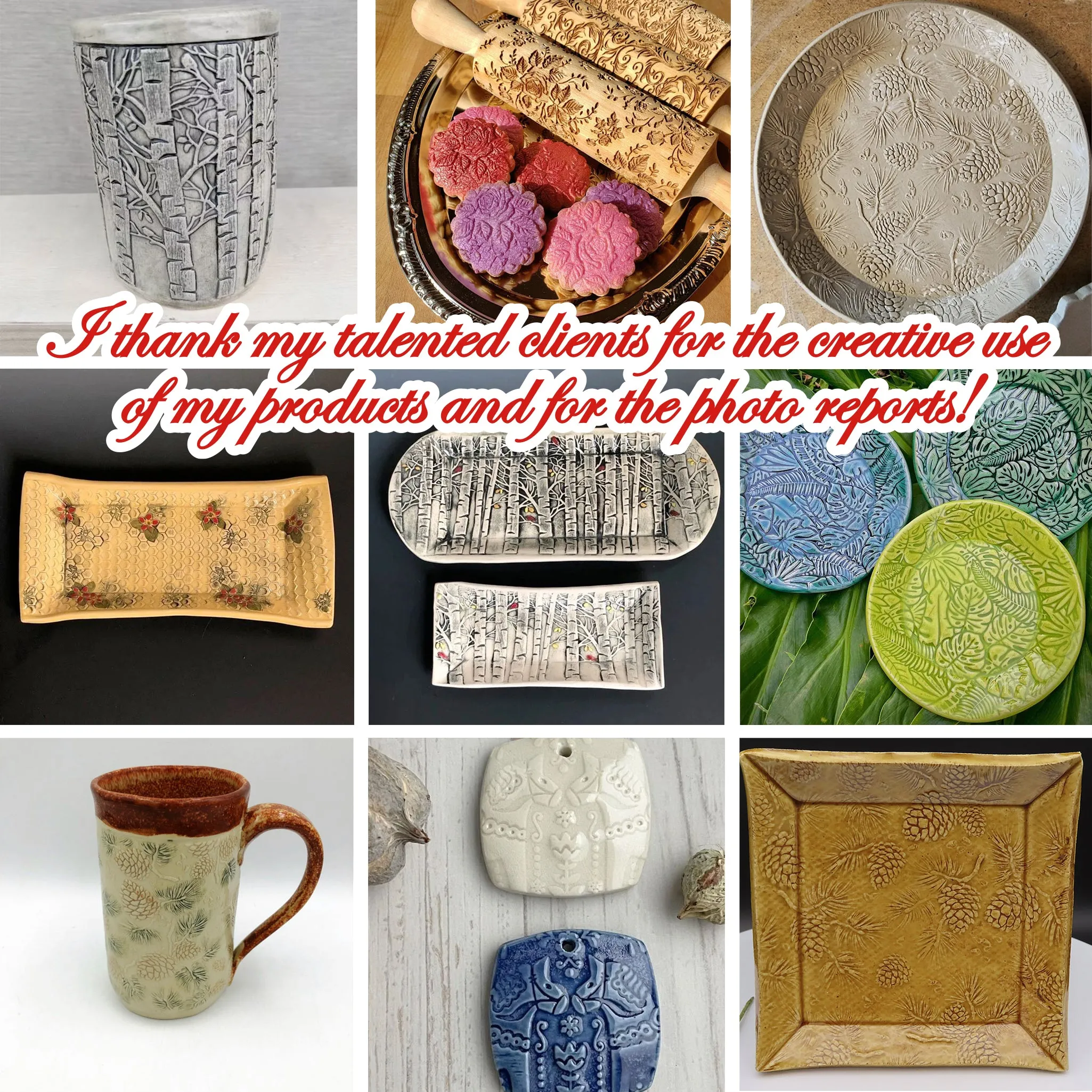 Embossed Rolling Pin FLOWERS Pattern Engraved, Clay Stamp, Pottery Roller, Christmas Gift