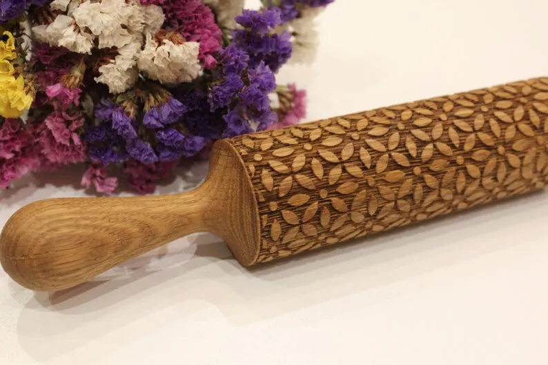 Embossed Rolling Pin Flowers Pattern Engraved,Clay Stamp, Pottery Roller,  Christmas Gift