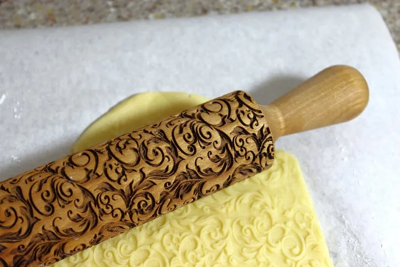 Embossed Rolling Pin Seamless Pattern Swirles, Textured Cookies, Christmas Gift, Clay Stamp, Soap Curley Garden